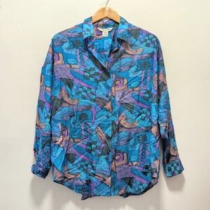 Vintage silk able blouse top shirt abstract artsy funky fun 100% silk blue sz L